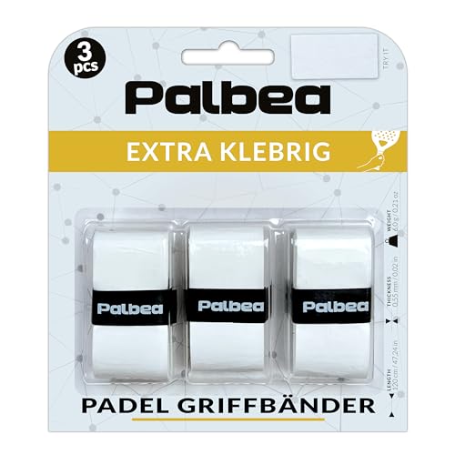 Palbea Padel Griffband - 3er-Pack - Extra Klebrig - Weiß - Hohe Schweißabsorption - Rutschfestes Padel Tennis Overgrip - Weiche Oberfläche - Speziell für Padel-Schläger entwickelt.