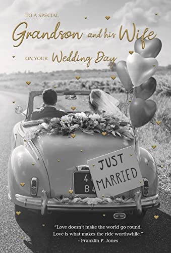 ICG Glückwunschkarte zur Hochzeit für Enkel und seine Frau – Paar im Hochzeitsauto mit Luftballons mit Folien-Finish