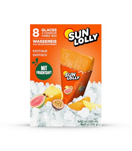 Sun Lolly Wassereis Exotisch 8 Stk | Mit Fruchtsaft | Zum Selbsteinfrieren | Ohne künstliche Aromen | Frei von Süßungsmittel | Laktosefrei | Glutenfrei | 8 x 60ml