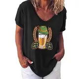 Lässiges T-Shirt für Frauen und Mädchen 2024, Tops, Damen, Bierfest, bedruckt, V-Ausschnitt, kurzärmelig, modisch, trendiges T-Shirt, Top, Übergröße, langärmelig, tailliertes Oberteil, Schwarz ,