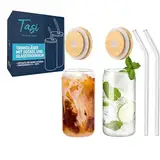 TaSi Trinkgläser mit Deckel und Strohhalm, Umweltfreundlich, geeignet für Iced Coffee Eiskaffee Gläser, Trinkgläser für Bubble Tea, Cocktails, Biergläser dosenform Smoothie 480 ml (2er Set)