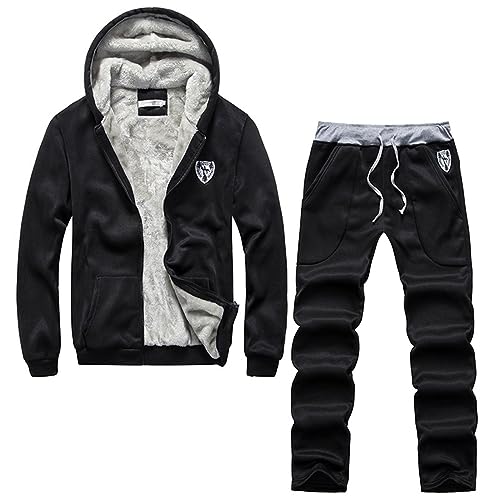 Generisch Jogginganzug Herren Baggy, Trainingsanzug Herren Baumwolle Winter Jogginganzug mit Fleece Gefütterte Warm Freizeitanzug Kapuzenjacke und Jogginghose Casual Männer Winterjacke Set Tracksuit