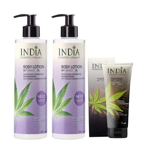 Bodylotion Doppelpack mit Hanfsamen Öl-Extrakt, hochwertige Bio Premiumqualität ohne Parabene mit 2 x 400ml XXL Größe plus 1x India Fußcreme gratis!