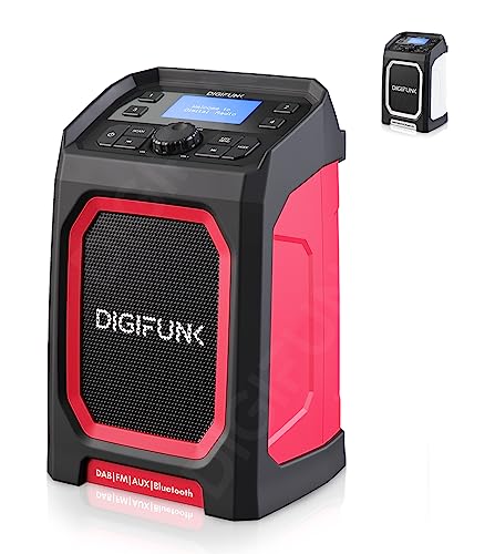 DigiFunk Baustellenradio mit Akku | Wiederaufladbar über USB | DAB+ / DAB, FM, Bluetooth, AUX | IP65 Wasserdicht Robustes Langlebiges Design | Perfekt für Bauarbeiter, Outdoor, Lager, Garage (Rot)