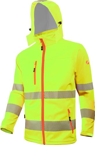 ACE Neon Lite Warnschutz-Jacke - Softshell-Warnjacke inkl. Reflektoren und abnehmbarer Kapuze - EN ISO 20471 - Gelb - L