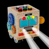 Holzaktivität Würfel, geschäftiger Aktivität Würfel - Busfahrzeug mit LED -Licht | Frühe Bildungsaktivitäten, tragbares Feinmotorikspielzeug für das Lernen von Lebenskompetenzen