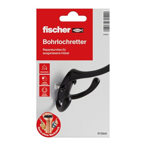 fischer Bohrlochretter, Reparaturvlies für ausgerissene Dübel in Weiß, Ausbesserung ausgerissener Bohrlöcher, erneute Befestigung von Dübeln in Baustoffen wie Holz, Beton & Gipskarton, 10 Stück