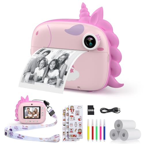 HiMont Kinderkamera Sofortbildkamera, Digitalkamera für Kinder mit Druckpapier & 32G TF Karte, VideoKamera mit farbigen Stiften & Lustige Accessoires, Geschenk für Kinder 3-14 Jahren (Rosa)