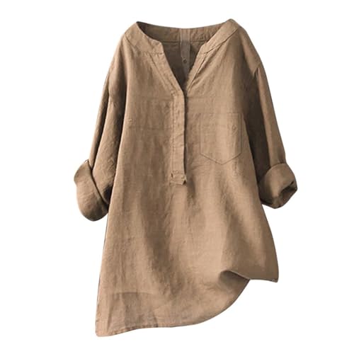 Leinen Shirt Damen Langarm V-Ausschnitt Button Down Blusenshirt Elegante Leinenblusen Longshirt Vintage Einfarbig Hemdbluse Große Größen Leinenhemd Festliche Oberteile Hellbraun 2XL