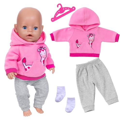 Puppenkleidung, Baby Puppen 35-46 cm Kleidung für New Born Baby Puppen Junge und Mädchen, 1 Giraffen-Hoodie + 1 Graue Hose + 1 Paar Weiße Socken + 1 Kleiderbügel, Pink Kleidung Geschenke für Kinder