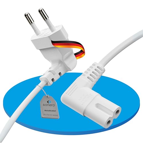 sonero Stromkabel Netzkabel 2 Polig, 1.50m, Eurostecker Typ C Netzstecker auf IEC Buchse C7 Euro 8 Stecker, 90° Winkel Netzteil Strom Kabel für TV, PS5, PS4, PS3, Haushaltsgeräte, weiß