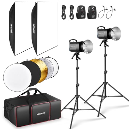 NEEWER 600Ws Studio Monolight Strobe Flash Set 2er Pack S101-300W PRO 5600K Blitzlicht Studio mit 2,4G Auslöser/150W Einstelllampe/Bowens Mount/Softboxen/Ständer/Reflektor/Tasche, kompatibel mit QPRO