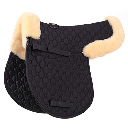 Merauno Lamb Skin Half Lined Numnah - Lammfell Schabracke Natur Echtes Lammfell und gesteppter Baumwolle (VSS Schwarz mit Naturlammwolle)