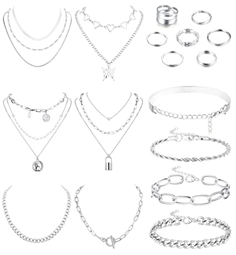 CASSIECA Silber Schmuck Sets für Frauen 17 Stück Chmuckset für Teenager-Mädchen mit Halsketten Armbändern Ringen Schmuckpaketen für ihren Geburtstag Weihnachten Valentinstag Frauengeschenke