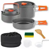 Camping Kochgeschirr Set, 10 Teiliges Outdoor Geschirr Set mit Camping Topf, Camping Bratpfanne und Teekannen mit Aufbewahrungstasche, für Camping, Outdoor Wandern, Picknick