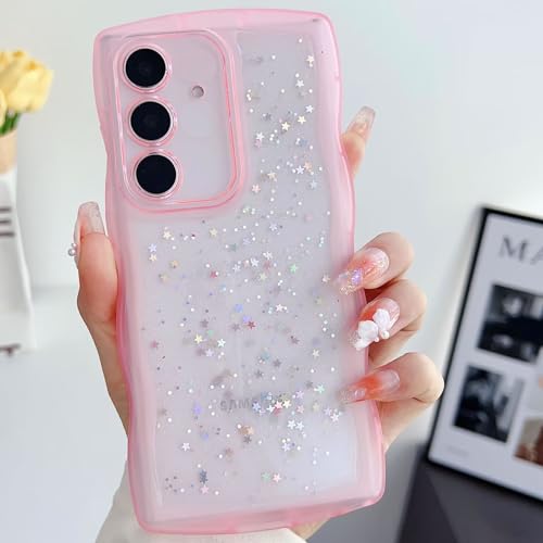 Nadoli Glitzer Hülle für Samsung Galaxy A22 5G,Niedliche Lockige Wellen Rahmenform Aesthetic Durchsichtig Bling Stern Handyhülle Schlanke Weiche TPU Stoßfest Schutzhülle