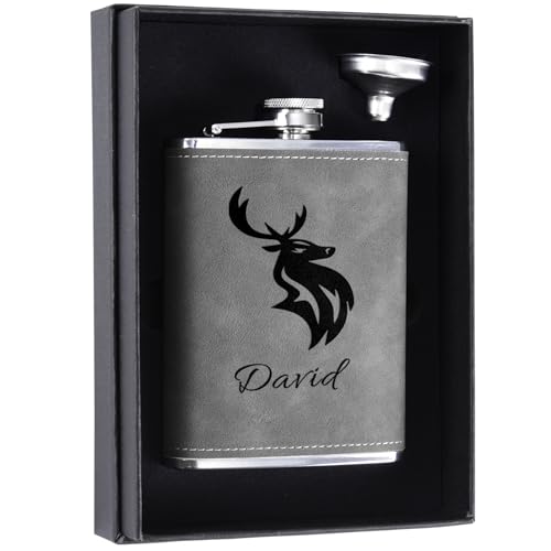 Flachmann Jäger mit Gravur, Personalisiertes Edelstahl Flachmann 8oz/237ml für Jagd, Reisen, Wandern, Klettern (Grau)