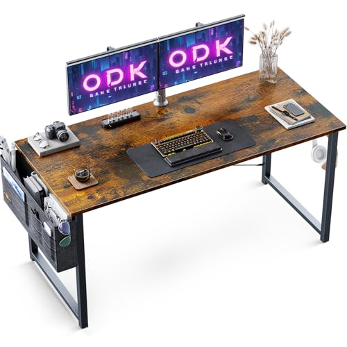 ODK Schreibtisch,120×48×73.5cm Computertisch Bürotisch mit Kopfhörer Halter und Aufbewahrungstasche, Kleiner Schreibtisch Arbeitszimmer Holz PC Tisch Officetisch für Home, Office, Braun