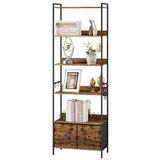 WOLTU Standregal, Bücherregal mit 5 Ablagen 2 Schubladen, stehendes Regal für Wohnzimmer Küche Arbeitszimmer Schlafzimmer, mit Metallrahmen, 63x187x30 cm, rustikales Braun + Schwarz, RGB62vbn