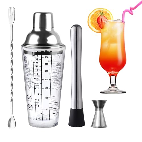 Wikimo Cocktail Shaker, 400ml Cocktail Glas-Mixer Set，Barkeeper Messbecher Löffel Mörser und Stößel Professionelle Barkeeper Bar Set Cocktail Zubehör Geschenk für Frauen Männer