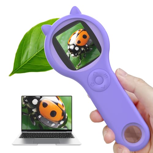 Ashfly Handy mikroskop für Kinder, 2,0" IPS-Bildschirm 200X Taschenmikroskop Kinder, 8 LEDs USB-Anschluss an PC, Mikroskop für Kinder ab 3 Jahren-Lila