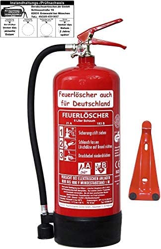 Brandengel® Feuerlöscher 6L Schaum Brandklasse AB DIN EN 3 + GS, (Mit Prüfnachweis u. Jahresmarke) Manometer, Wandhalter, Messingarmatur Sicherheitsventil, Standfuß, Schaumlöscher Haushalt Büro