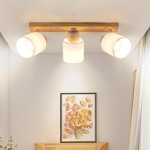 Doughelec Deckenlampe Deckenstrahler 3 Flammig Wohnzimmer - Holz Deckenleuchte Deckenspot Vintage E14 Schwenkbar Lampe Decke Wandstrahler MAX 30W Spot für Schlafzimmer Küche Flur, Ohne Leuchtmittel