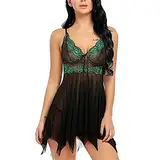 Damen Sexy Dessous Kleid Spitze Negligee Babydoll Nachtwäsche Lingerie Nachtkleid Reizwäsche Set Mit Pantie V-Ausschnitt Sleepwear Kleid Spitze Kleid Mit Spaghettiträgern