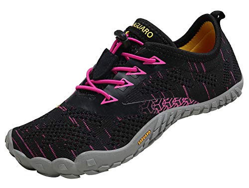 SAGUARO Damen Outdoor Fitnessschuhe Barfußschuhe rutschfest Straßenlaufschuhe Trekking Traillaufschuhe Walkingschuhe,Stricken Schwarz Rot,39