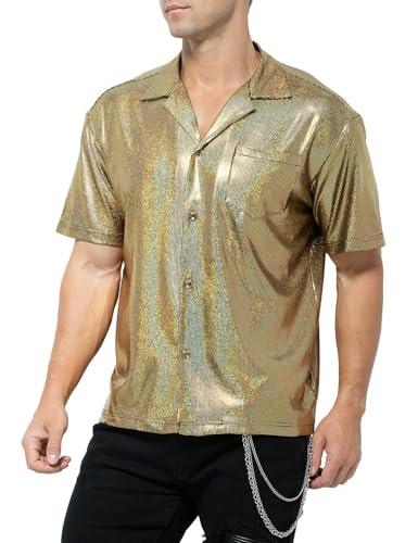 Casey Kevin Herren Glitzer Hemd Metallic Glänzend Nachtklub Party Pailletten Kleid Shirts Nachtclub-Stil Top Freizeithemd 70s Disco Party Kostüm