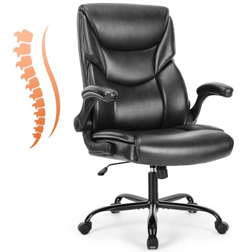 Sweetcrispy Chefsessel PU Leder Bürostuhl Ergonomisch, Schreibtischstuhl mit Hochklappbaren Armlehnen, Ergonomischer Computerstuhl mit Hoher Rückenlehne, Gaming PC Drehstuhl für Arbeit Ruhe, Schwarz