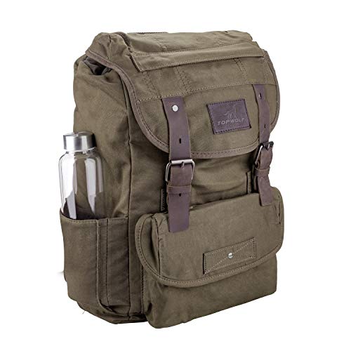 TOPWOLFS Wasserdichter gewachster Canvas-Rucksack für Herren, Reiserucksack, Lederbesatz, grün, Einheitsgröße