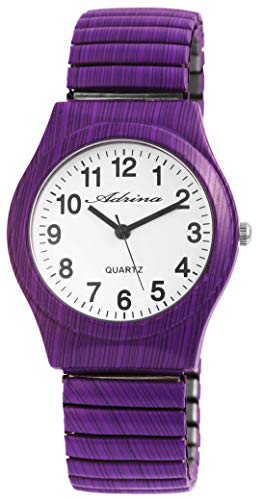 Adrina Damen-Uhr Edelstahl Zugarmband lila große Ziffern Länge 18 cm Durchmesser 34 mm Breite 18 mm Geschenke für Frauen