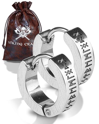 VIKING CRAFT Wikinger Ohrringe Männer Edelstahl - 1,4cm Herren Ohrringe silber mit Runen - Wikinger Schmuck, Wikinger Deko Keltische Ohrringe Viking Earring, Vikings Fanartikel Wikinger Geschenke