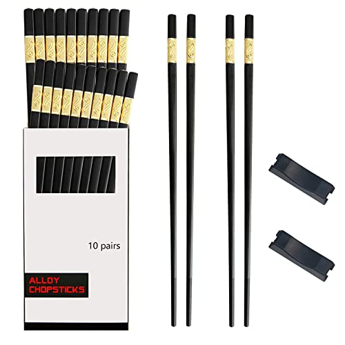 10 Paar Chinesische Essstäbchen aus Legierung, Japanische Essstäbchen, Glasfaser-Essstäbchen, Wiederverwendbare Rutschfeste Essstäbchen, Restaurant-Essstäbchen Mit 2 Stäbchenablagen(Jin Ruyi)