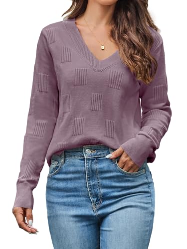 Cindeyar Pullover Damen Langarm V Ausschnitt Strickpullover Winter Casual Elegant Pulli Warm Oberteile (Grau Lila, M)