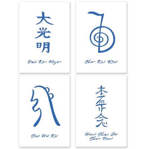 Poster Reiki Symbole Deutsch - Reiki Zubehör - Reiki Lernen - Reiki Geschenke - Reiki Deko - Reiki Utensilien [Set aus 4 Postern im A4-Format]