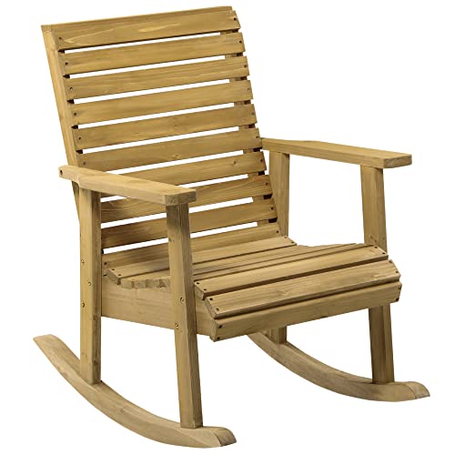 Outsunny Schaukelstuhl Schwingsessel mit Armlehne Gartenstuhl Relaxstuhl für Balkon, Terrasse, Belastbarkeit bis 130 kg, Tannenholz, Hellbraun 64 x 86 x 85 cm