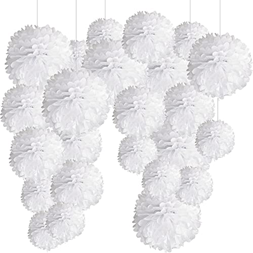 24er Weiss Deko Seidenpapier Pompons, Dekorpapier Blumenpuscheln Papier, Rosetten, Papierfächer. Dekoration Hochzeit, Taufe Mädchen, Baby Shower Party -24Stk-