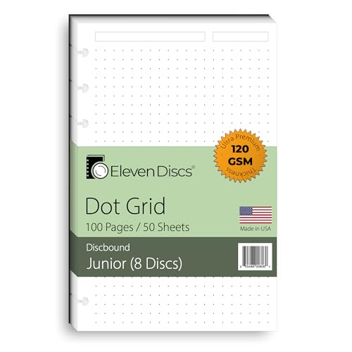 Eleven Discs Discbound Paper, Junior Size Dot Grid Sheets - Premium 120gsm Heavyweight Notebook & Planner Refills - 8 Discs, 5.5 x 8.5 inches - punched for Circa, Arc, TUL (50 Sheets)