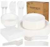 ilauke 170 Stück Weiß Pappgeschirr Geschirr Set,Kompostierbar Ökologisch Pappteller und Besteckset,für Camping Party und Picknick Set inklusive Teller,Löffel,Gabel,Messer,Servietten,Schüsseln