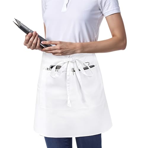 Ymapinc Halblange Schürze weiß,Wasserdichte Schürze Kurz mit 3 Großen Taschen Verstellbare Kellnerschürze mit Band Schürzen Gastronomie für Hausbäckerei Kneipen Restaurants Cafés Unisex(84x54cm)