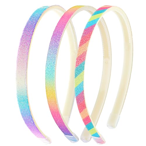 WLLHYF 3 Stück Glitzer-Stirnband, Niedliche Glitzernde Rutschfeste Stirnbänder aus Kunststoff mit Zähnen Regenbogen-Bling Süße Harte Haarbänder Haarschmuck für kleine Mädchen (Regenbogenfarben)