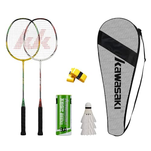 Kawasaki Badminton schläger Federball Set Badminton Racket badmintonschläger Profi mit 3 Badminton bälle 1 Schlägertasche 2 federballschläger für Training, Sport, GrünGelb/WeißRot