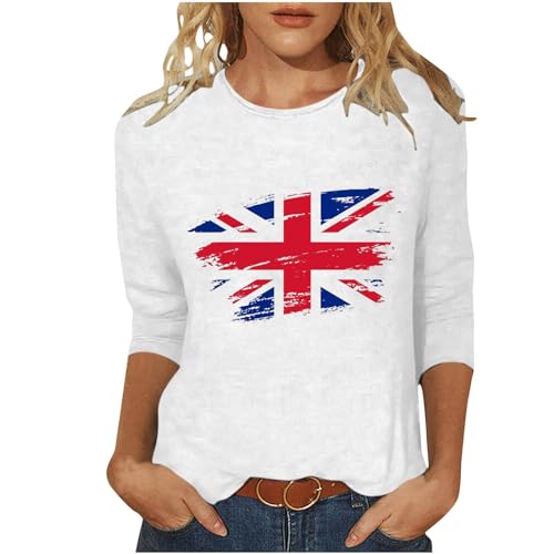 SMUXP T-Shirt mit Union Jack-Flagge, London 2025, Großbritannien, 3/4-Ärmel, für Damen und Mädchen, Union-Jack-Flagge, Rundhalsausschnitt, handbedruckt, #1weiß, XXL