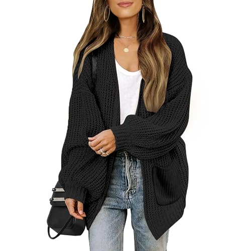 ZLIGXEA Strickjacken für Damen Langarm Strickjacke V Ausschnitt Cardigan Frauen Leicht Gestrickt Jacke mit Taschen Schwarz L