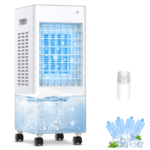 Mobile Klimaanlage Mobil Klimagerät Luftkühler 4 in 1 Ventilator mit Wasserkühlung Klimagerät ohne Abluftschlauch Verdunstungskühler mit 8L Wassertank 7,5h Tmer 4 Kühlakku Fernbedienung