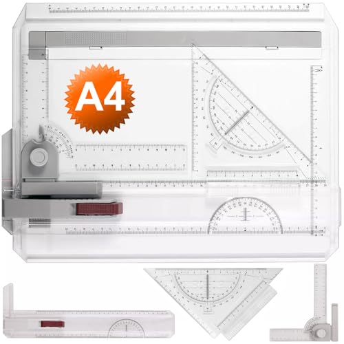 Kasadin Zeichenbrett DIN A4 Professioneller Zeichenplatte Geo-Board mit Schiebelineal Zeichendreieck Maßstab T-Quadrat Winkel Einstellbar für das Office Arbeiten Ingenieure Designer Studenten Studium