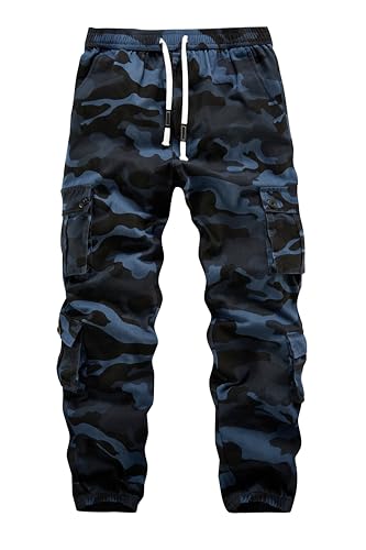 APTRO Herren Cargo Hose Camouflage Freizeithose Elastische Taille Arbeitshose Lange Baumwolle Jogginghose mit 8 Tachen LT45 Blau Tarnfarbe XL