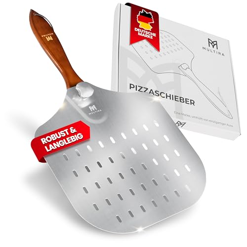 Multira Pizzaschieber – Pizzaheber – perforierte Aluminium-Schaufel – drehbare, abnehmbare Schaufel – ergonomischer, robuster Holzgriff – Tragkraft 5 Kg – 530g Gewicht – Maße: 60,5x30,5x4 cm